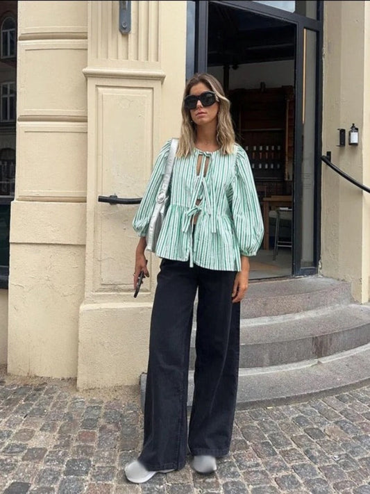 Jemma | Haut à manches bouffantes rayées au charme vintage pour femme